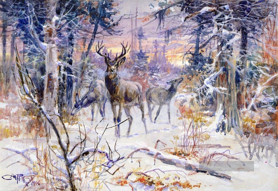Hirsch in einem verschneiten Wald 1906 Charles Marion Russell Ölgemälde